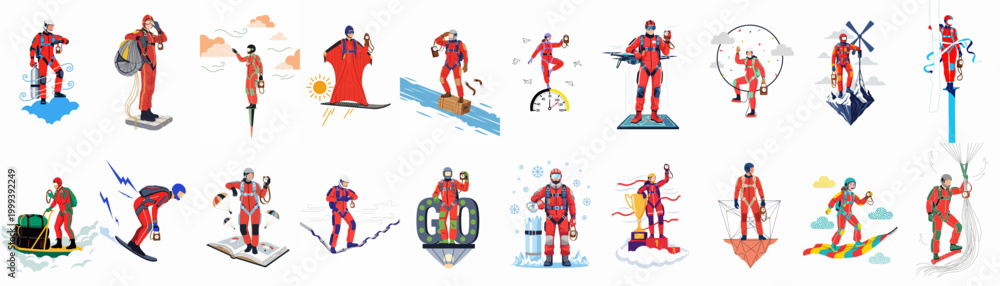Fototapeta premium A diverse collection of flat design illustrations showing skydivers in red suits participating in various extreme activities, sports, and conceptual skydiving scenes.