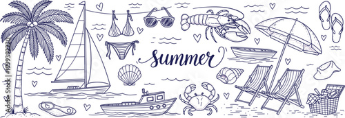 Hand drawn summer beach doodle set with palm tree sailboat umbrella flip flops seashells crab sunglasses nautical vacation vector illustration