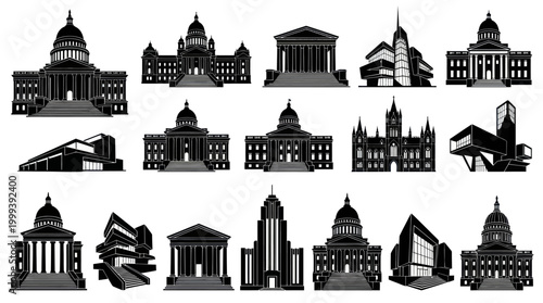 Black and White Vector Icons of Government Buildings, Architecture, Cityscape