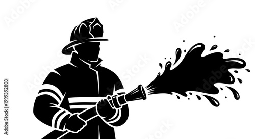 Firefighter Spraying Water from Hose Nozzle on Isolated White Background