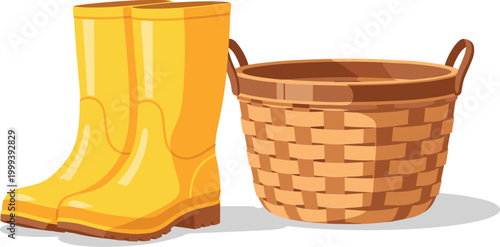 Yellow rain boots and wicker bucket illustration