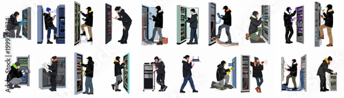 Illustrations of technicians wearing winter parkas while maintaining server racks and telecommunications hardware in a data center environment.