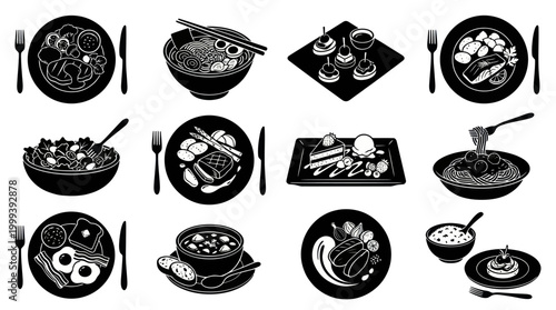Restaurant Food Dishes Glyph Icons Set - Culinary Meal and Dessert Black  White Silhouettes