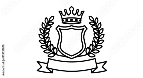 Elegant Heraldic Shield Outline Icon with Royal Crown and Laurel Wreath, Achievement Emblem on Isolated White Background