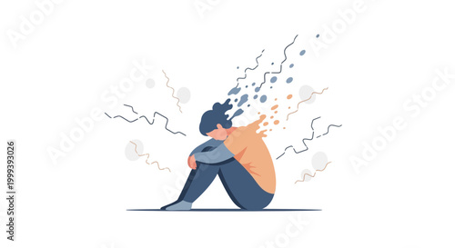 Vector illustration showing a sad woman hugging her knees in a minimalist style with faded effect on a white background, conveying a melancholic mood and depicting mental health issues