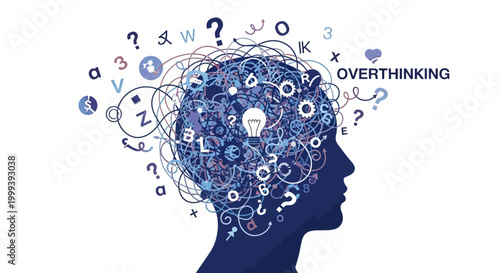 Conceptual illustration depicting the silhouette of a human head filled with abstract swirls, question marks, letters, and a lightbulb, set against a clean white background