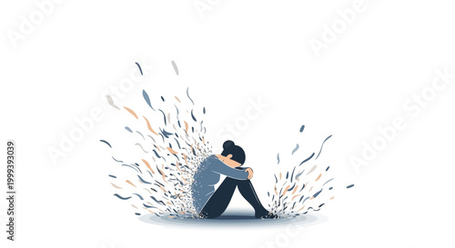 Isolated on a white background, a woman sits huddled with her head on her knees, surrounded by abstract, colorful shards in an illustration with a despondent mood, emphasizing loneliness