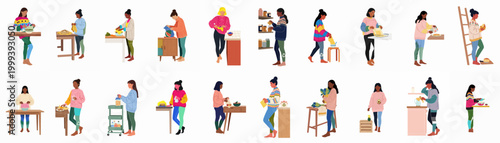 Diverse women practicing sustainable and healthy living habits in various domestic kitchen settings, flat vector illustration set.