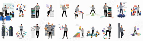 Comprehensive collection of software development and IT infrastructure vector illustrations featuring professionals working with cloud architecture, servers, and modern coding environments.