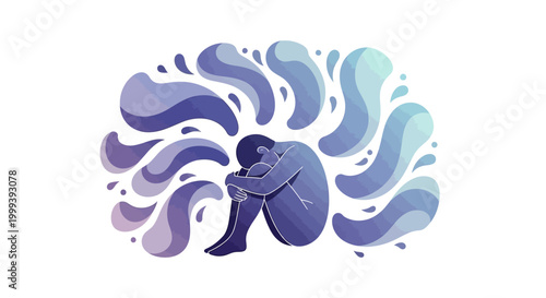Stylized illustration of a despondent person sitting with head in knees, surrounded by swirling, tear-shaped forms against a stark white backdrop, conveying a somber mood in shades of blue