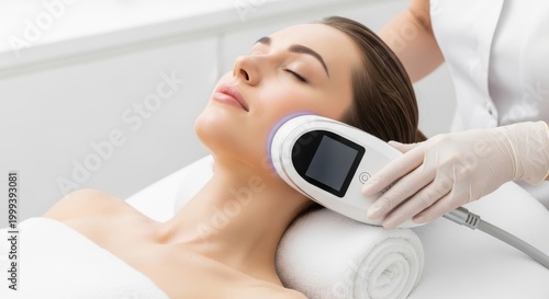 Young woman receiving professional facial skin rejuvenation treatment with laser device in beauty clinic