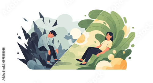 Stylized illustration contrasting a despondent man sitting in a dark, jagged forest with a serene woman relaxing amidst lush green foliage, conveying opposing moods against a clean white