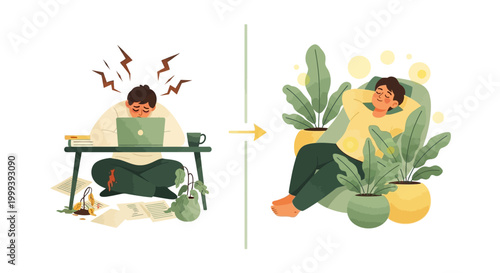 Split-screen illustration showing a frustrated man working on a laptop contrasted with a relaxed man lounging among plants in a calming scene with bright light and a clean white background