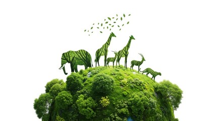 Conceptual image of a lush green planet earth with wildlife animals made of forest trees isolated on white background