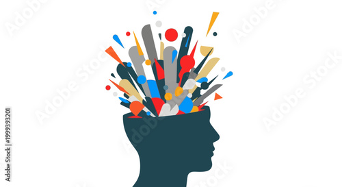 Silhouette of a head with an open cranium releasing colorful abstract shapes, rendered as a flat vector illustration against a clean white backdrop, symbolizing creativity and explosive