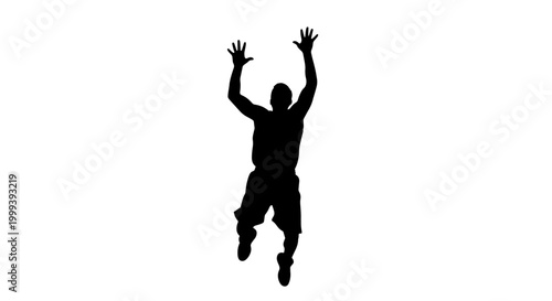 Silhouette of a basketball player jumping to dunk a ball against a white background.