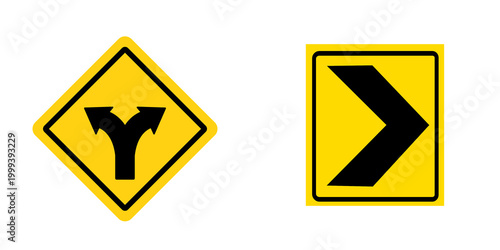 Photos Road junction and chevron signs, yellow warning symbols, isolated on transparent