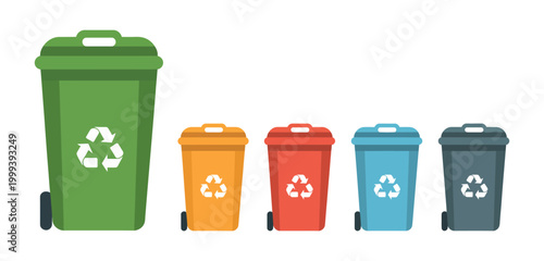 Colorful recycle bins with recycling symbol for waste sorting and environmental care in sustainable urban management system.