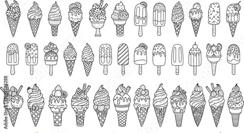 Hand drawn ice cream cone and popsicle collection vector set with doodle style desserts outline illustration sweet summer treat elements bundle