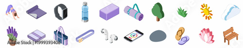 Comprehensive set of isometric yoga and wellness icons featuring exercise gear, outdoor elements, and healthy lifestyle accessories.