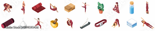 Isometric Yoga and Wellness Collection Featuring Various Yoga Poses, Equipment, and Relaxation Accessories on a White Background