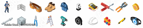 Collection of isometric electrician tools and equipment icons including multimeters, safety gear, hand tools, and electrical components on a white background.