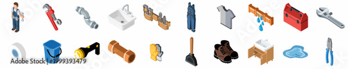 Isometric Plumbing Icons Set Featuring Plumber Tools and Equipment for Maintenance and Repair Services