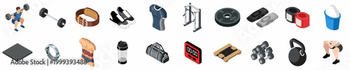Isometric weightlifting and bodybuilding equipment icons set featuring barbells, dumbbells, gym gear, and fitness accessories for strength training.