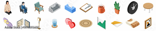 Isometric Icon Set for Psychological Therapy and Mental Health Support in a Cozy Office Interior Design