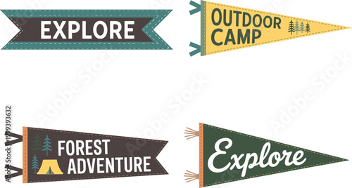 Retro outdoor camping pennant flags with explore forest adventure themes