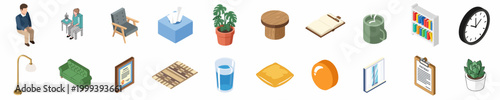 Isometric Icons Set of Psychotherapy Office Elements, Furniture, and People for Mental Health Counseling and Therapy Session Illustration