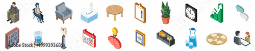 Isometric Icon Set for Psychology, Counseling, and Mental Health Professional Office Equipment, Furniture, and Patient Therapy Sessions Illustrations.