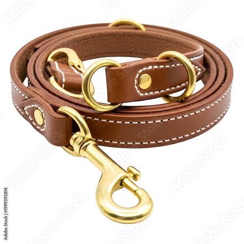 Brown leather dog leash with gold metal clasp and rings, classic pet accessory isolated on transparent background