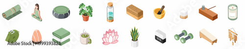Isometric collection of yoga and wellness icons including a woman meditating, mats, plants, candles, and fitness equipment on a white background.