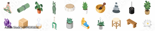 Isometric collection of yoga, meditation, and wellness icons including indoor plants, workout equipment, and home decor elements for a healthy lifestyle.