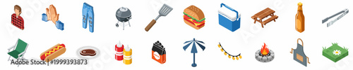 Isometric Icons Set for Backyard Barbecue, Picnic, and Outdoor Summer Party Activities