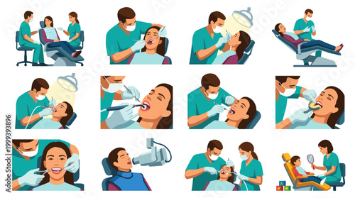 Dental Care Flat Illustration Set: Dentist Examining Patient, Teeth Cleaning  Checkup