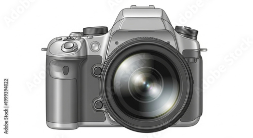 Camera body with a lens attached stands against a plain white background.