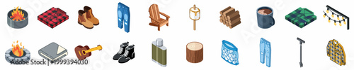 Isometric Icon Set of Camping and Outdoor Bonfire Elements Featuring Campfire, Plaid Shirts, Boots, Firewood, Marshmallows, and Cozy Accessories.