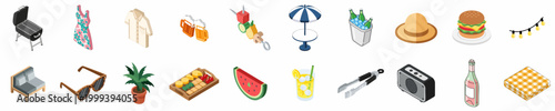 Isometric Icon Set for Summer Backyard Barbecue and Garden Parties featuring BBQ Grill Food Drinks and Outdoor Furniture