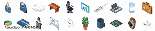 A comprehensive collection of isometric 3D icons depicting business equipment, office supplies, data visualizations, and professional career items for modern corporate design projects.