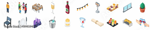 Isometric Vector Icon Collection for Social Dining, Rooftop Parties, Celebrations, Catering, and Restaurant Events