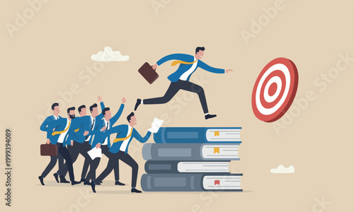 Career competition big books other people to get to goal, take advantage of coworker to success, selfish businessman jump over other people to achieve target