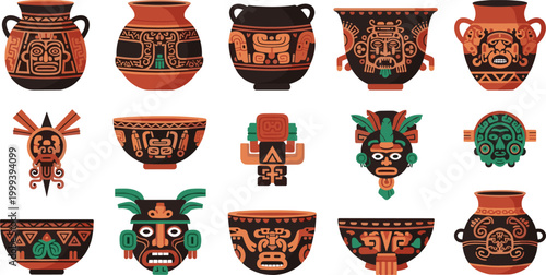 Aztec-Inspired Pottery and Decorative Masks Collection, Traditional Ceramic Vases, Bowls, and Sculptures with Tribal Designs