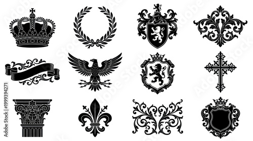 Royal Heraldry  Emblems: Crown, Lion, Eagle, Cross, Crests, Flourish