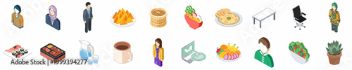 Comprehensive set of isometric icons featuring diverse professionals, international cuisine, office furniture, and lifestyle elements for global business and multi-cultural themed designs.