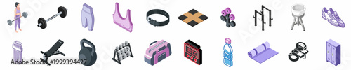 Isometric Collection of Gym and Fitness Equipment Icons Featuring Weights, Apparel, and Training Accessories in a Purple and Black Theme