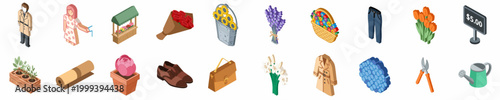 Isometric vector icons featuring flower arrangements, gardening tools, fashionable clothing, and retail market elements isolated on white background.