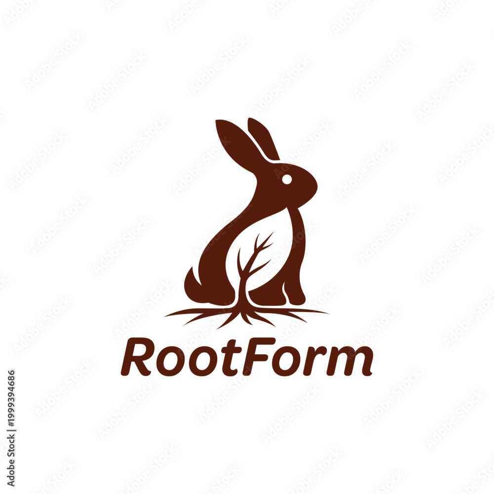 Fototapeta premium Rootform logo featuring a rabbit and plant design. Ideal for natureinspired brands, environmental organizations, or gardening businesses seeking a charming emblem.