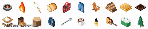 Collection of isometric camping and campfire icons including outdoor gear, s'mores ingredients, logs, and a cozy fire pit.